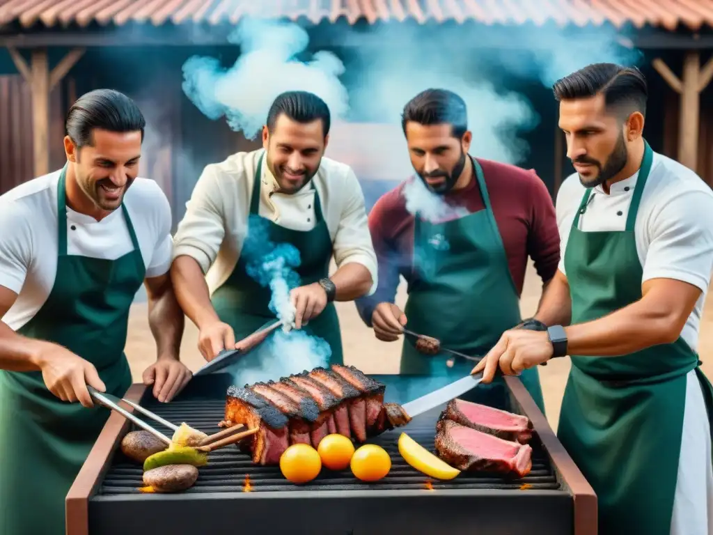 Maestros parrilleros asado Uruguay preparan carne en parrilla al aire libre, envueltos en cultura y tradición gaucho