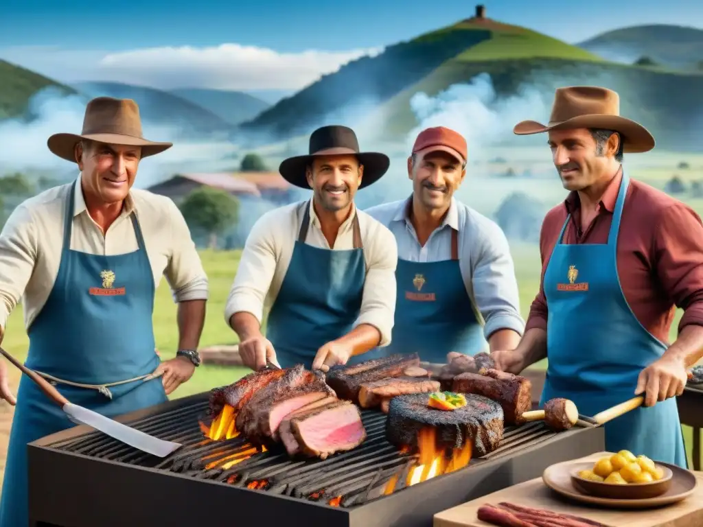 Maestros parrilleros asado Uruguay: Expertos cocinando carne en un asado tradicional, rodeados de naturaleza y pasión