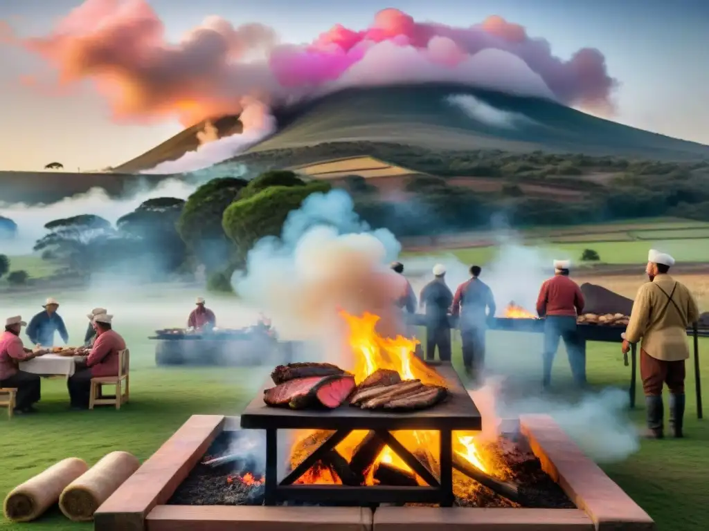 Maestros parrilleros en Uruguay preparando un asado con pasión, rodeados de equipo tradicional, en el campo al atardecer