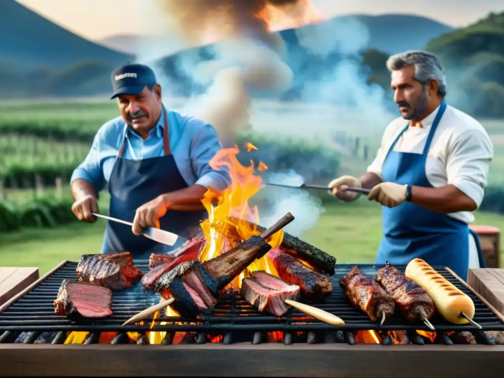 Maestros Parrilleros asando en Uruguay, rodeados de parrillas cargadas de carne bajo llamas vibrantes en el campo uruguayo