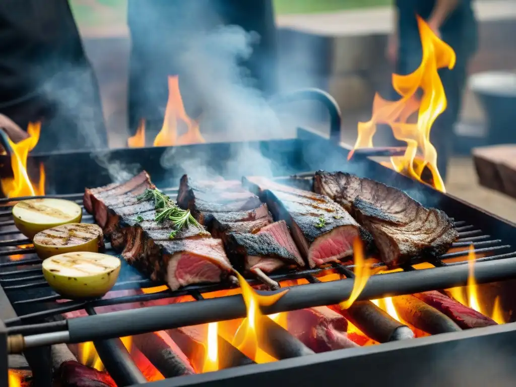 Maestros parrilleros uruguayos preparando un asado tradicional con maestría en un entorno rústico y auténtico