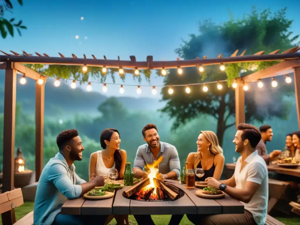 Un mágico asado al aire libre sostenible entre amigos bajo las estrellas y luces brillantes