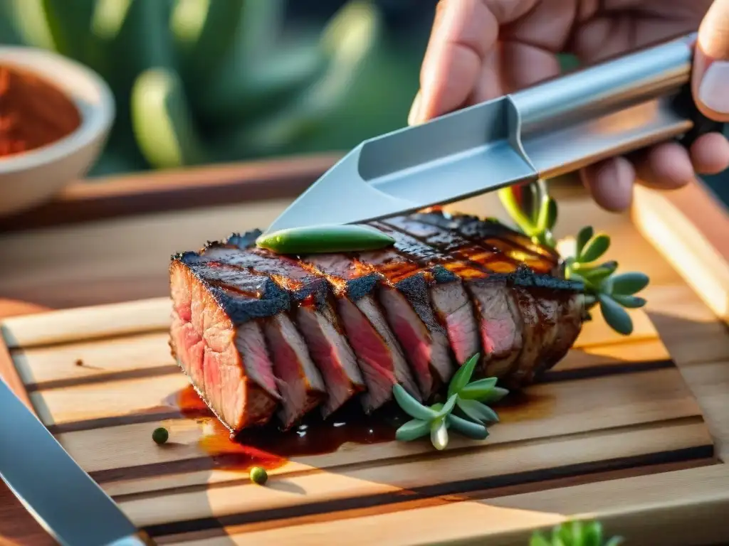 Mano inyectando carne cruda con un inyector de sabor, asado y hierbas en tabla de madera