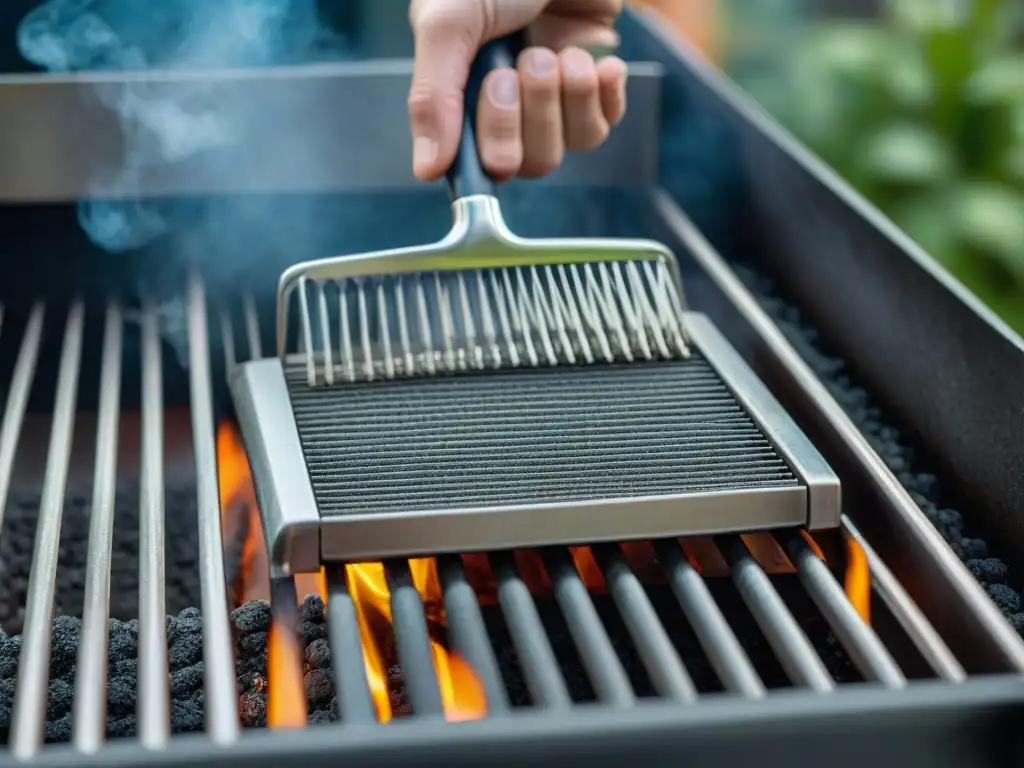 Mano limpia parrilla con cepillo de acero, mostrando transformación de sucio a reluciente