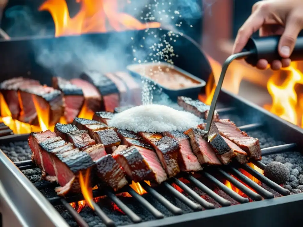 Mano esparciendo una pizca perfecta de sal sobre una parrilla llena de carne jugosa en un asado uruguayo, mostrando el uso adecuado de la sal