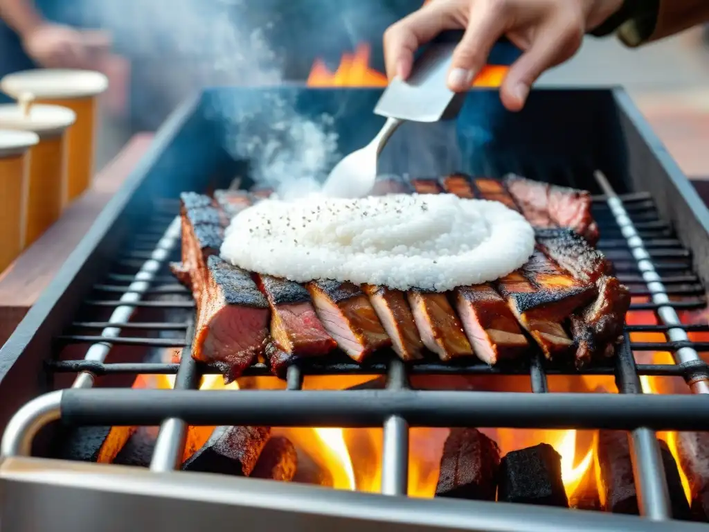 Mano esparciendo sal sobre un asado uruguayo en parrilla, mostrando el uso adecuado de la sal en tradiciones culinarias