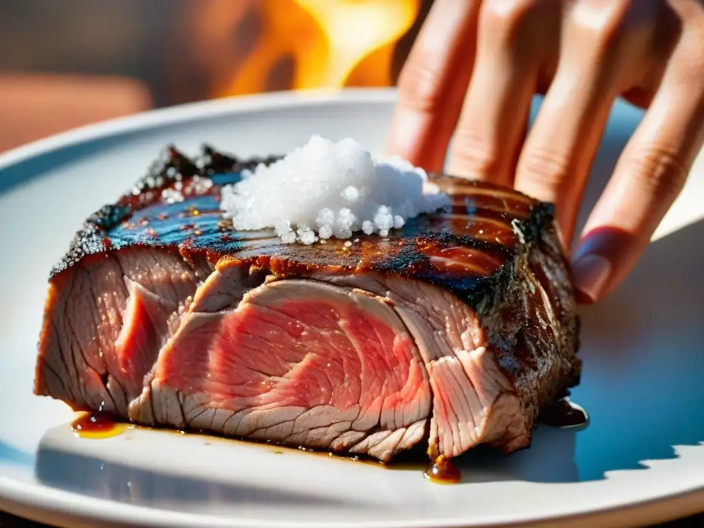 Mano esparciendo sal sobre corte de carne uruguaya, mostrando el uso adecuado de la sal en la cultura del asado