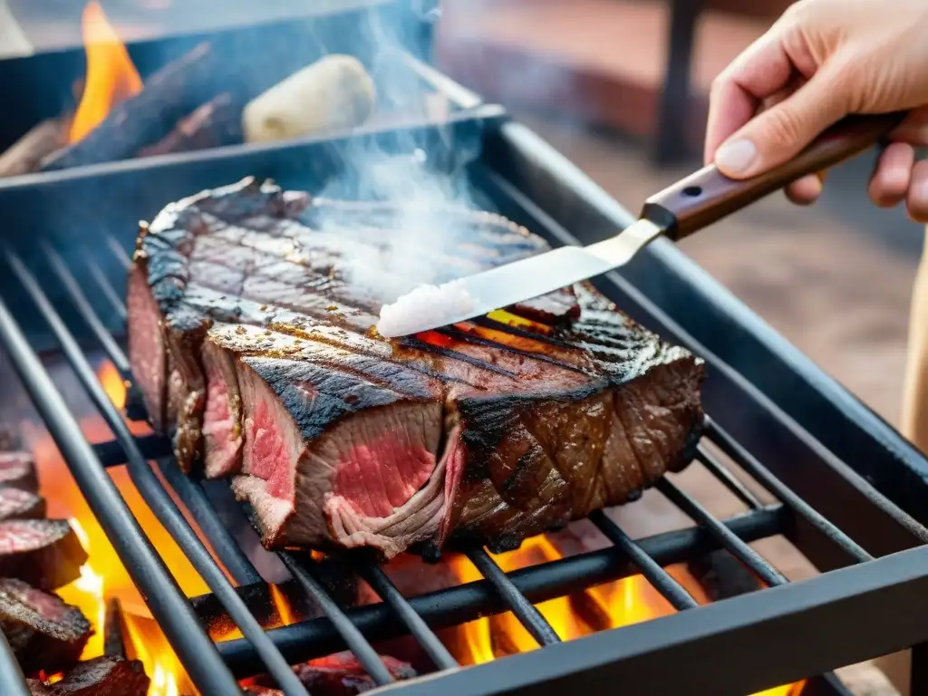 Mano esparciendo sal gruesa sobre un suculento asado a la parrilla, resaltando el maravilloso marmoleado de la carne