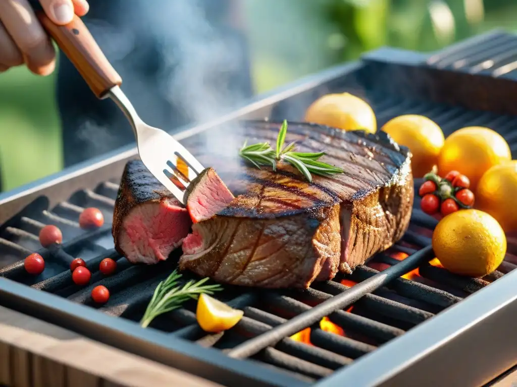 Mano sazonando un suculento filete, listo para la parrilla