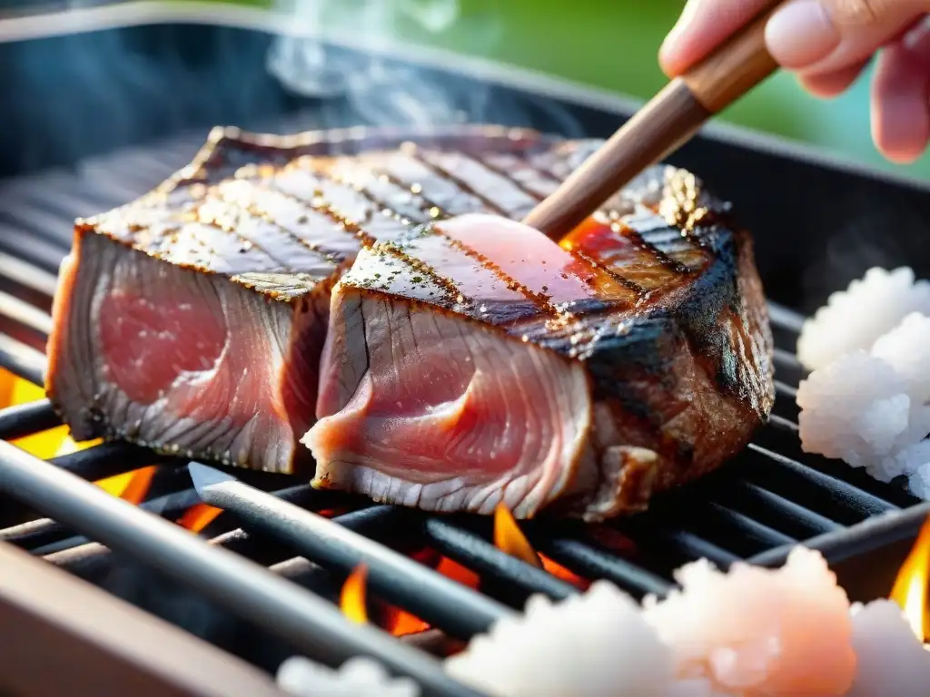 Un mano espolvoreando una variedad de sales sobre un delicioso filete en la parrilla