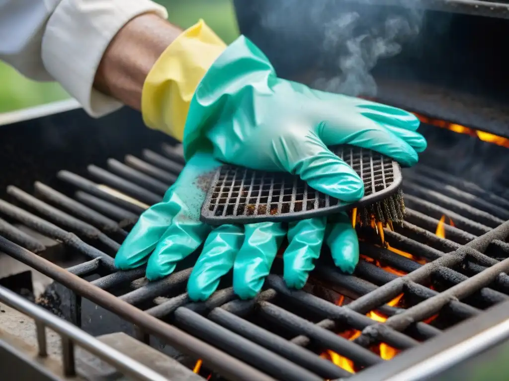 Unas manos usando guantes de goma limpian una rejilla de parrilla bajo el sol, eliminando restos de comida carbonizada y grasa