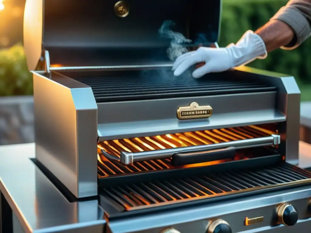 Manos limpiando parrilla de alta gama al atardecer