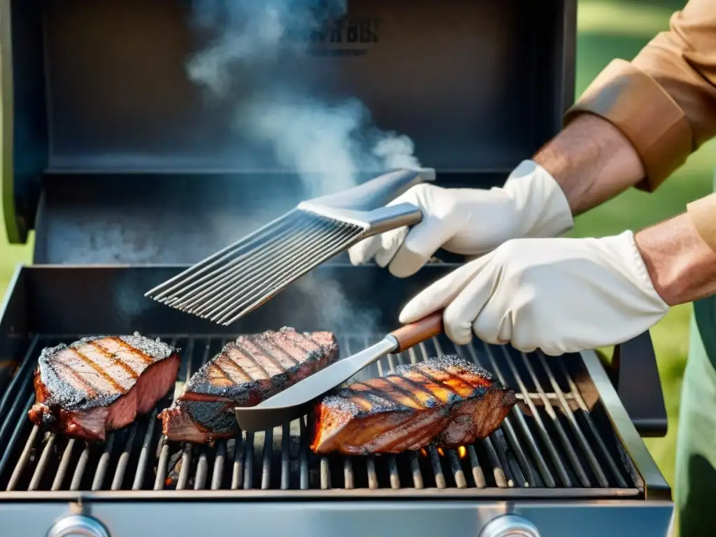 Manos limpiando minuciosamente una parrilla de asado, revelando el brillante metal debajo