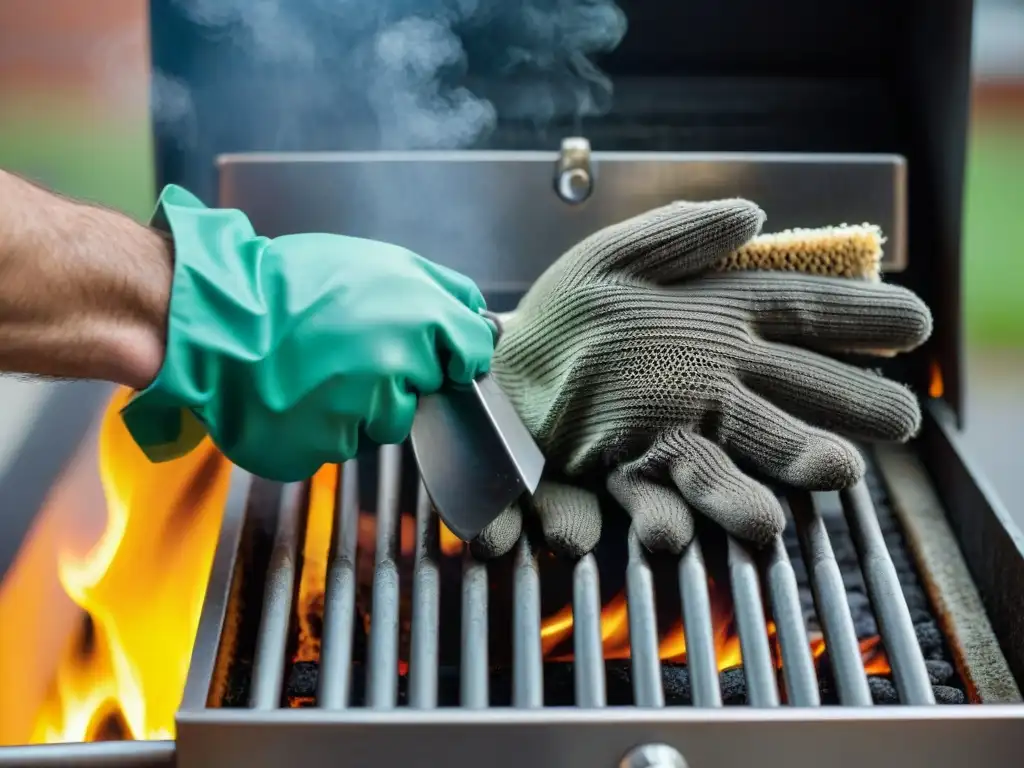 Manos limpiando rejilla de parrilla asado con precisión y esfuerzo, revelando metal reluciente