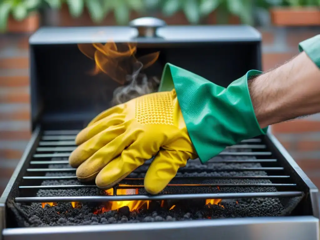 Manos limpiando rejilla de parrilla asado con guantes amarillos, mostrando suciedad y metal brillante en un patio soleado