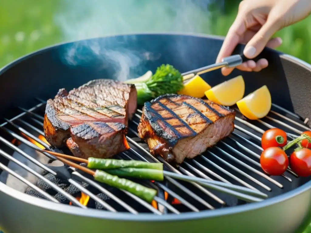 Mantenimiento parrilla asado saludable: Grill reluciente en un jardín verde, listo para una barbacoa fresca y deliciosa