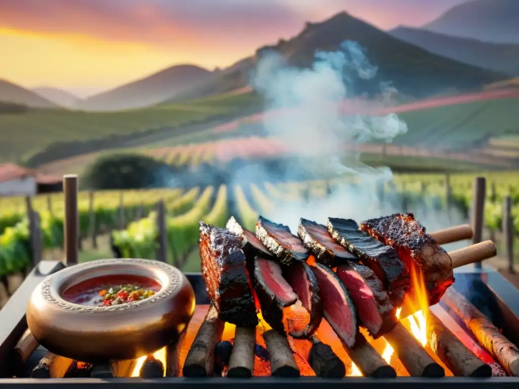 Maravilloso maridaje vino asado uruguayo en viñedo al atardecer