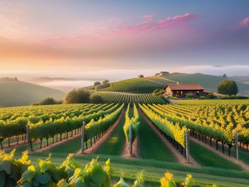 Maravilloso maridaje vinos asados clima en un viñedo al atardecer, con uvas verdes bajo un cielo anaranjado, rosa y morado