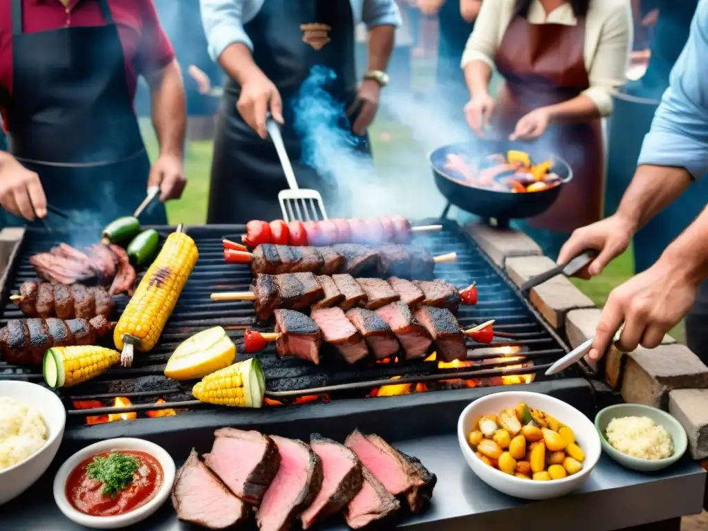 Celebrando la marca personal asado Uruguay: diversidad y tradición en una parrilla uruguaya con carnes y vegetales sizzling