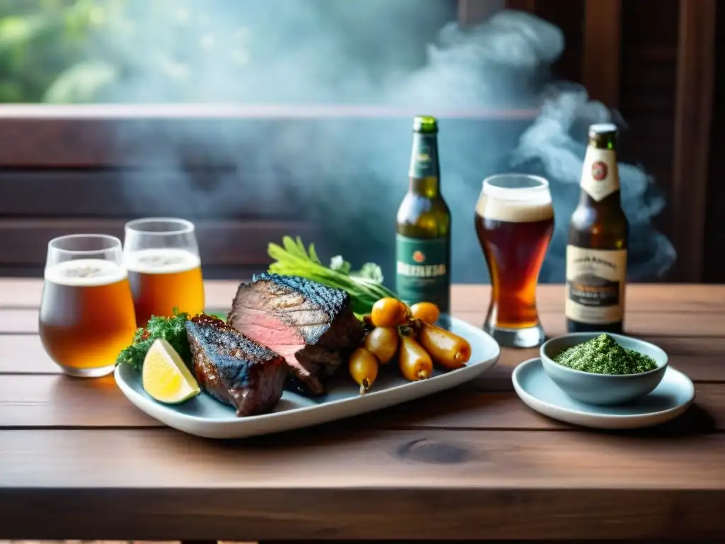 Maridaje asado con cervezas artesanales uruguayas en mesa rústica, chimichurri y carnes a la parrilla al sol