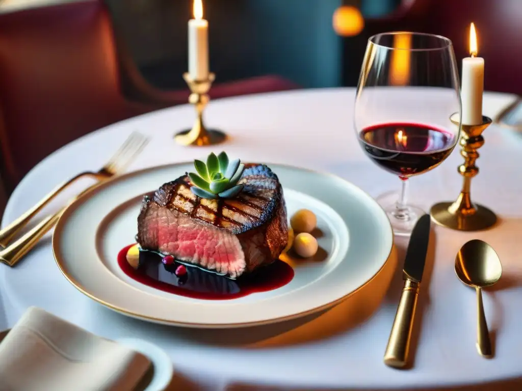 Maridaje vino carne asado grasos en elegante restaurante uruguayo, mesa finamente puesta con suculento filete y vino tinto