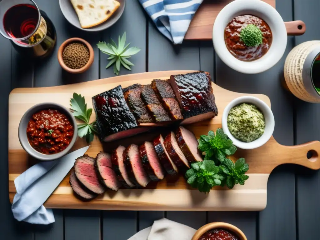 Maridaje vino asado uruguayo: escena detallada de un asado tradicional uruguayo al aire libre con vino Tannat, carnes y chimichurri