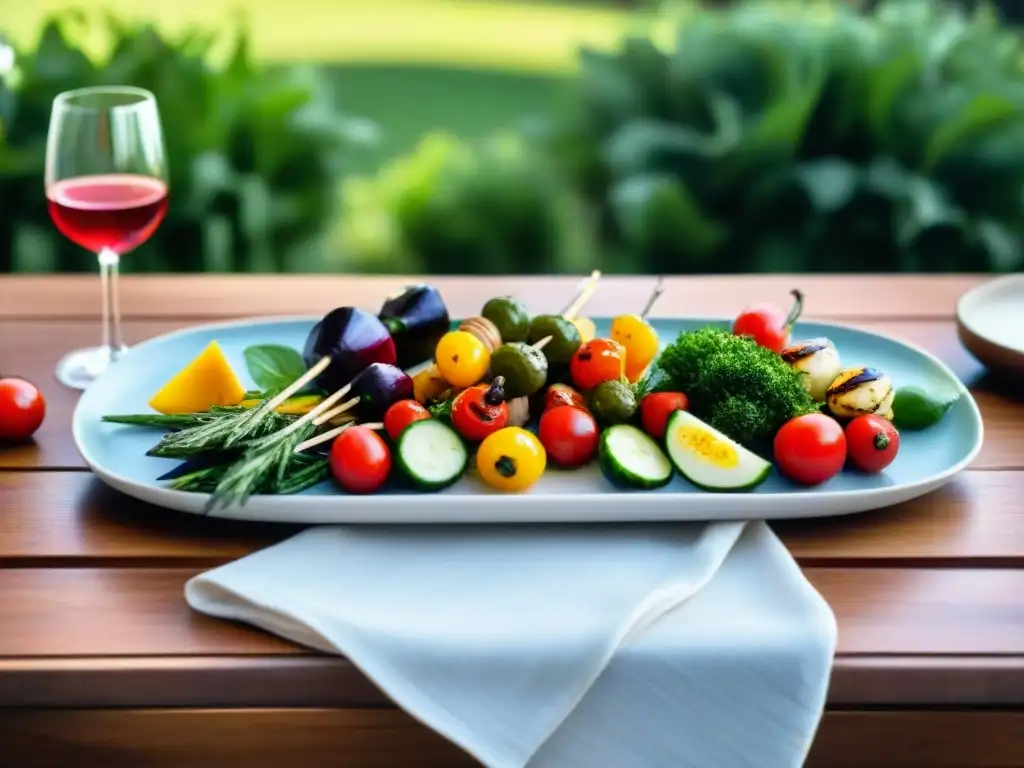 Maridaje vino asado vegano en mesa al aire libre con verduras a la parrilla y copas de vino