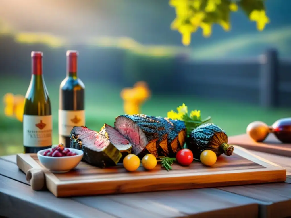 Maridaje de asado con vinos caseros en una mesa rústica con botellas y copas de vino, asado y vegetales a la parrilla al atardecer