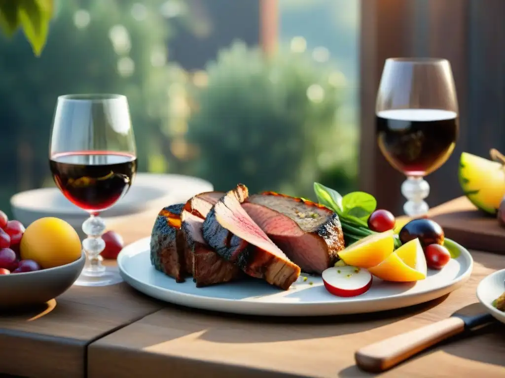 Maridaje de asado con vinos caseros en una mesa al aire libre con deliciosas carnes a la parrilla y vinos artesanales