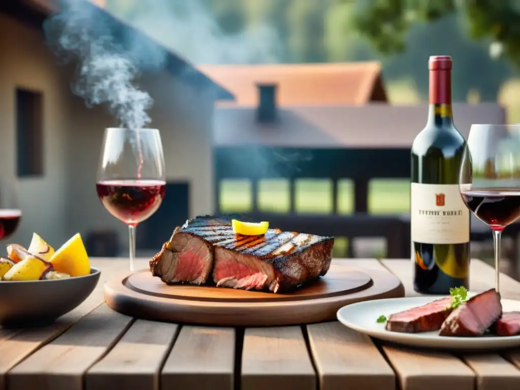 Maridaje de asado con vinos caseros en mesa de madera rústica bajo cálida luz solar