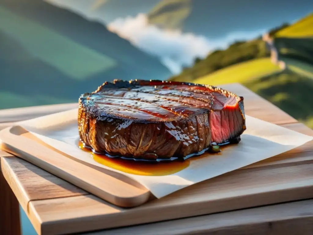 Maridaje de asados con whisky: Exquisito filete uruguayo en la parrilla junto a whisky premium en un atardecer campestre