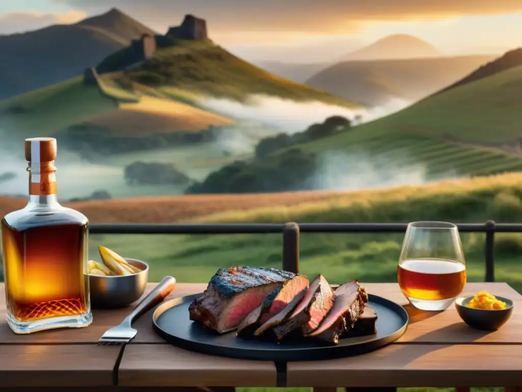 Maridaje de asados con whisky en un paisaje campestre uruguayo con asado y whisky al atardecer