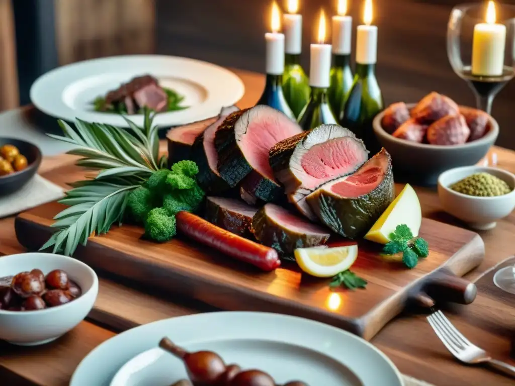 Maridaje de carnes exóticas con vinos uruguayos en mesa elegante y rustica, con velas y vegetación exuberante