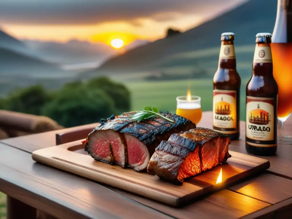 Maridaje de cervezas artesanales y asado uruguayo al atardecer