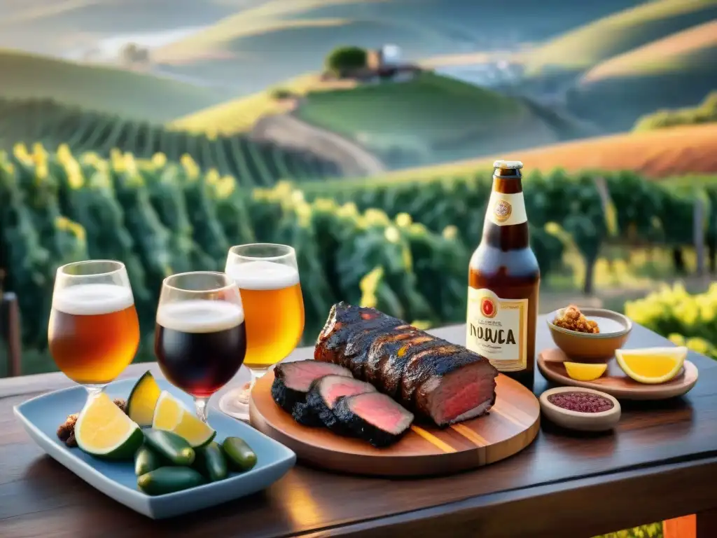 Maridaje cervezas artesanales asado Uruguay en mesa al aire libre con vista a viñedo al atardecer