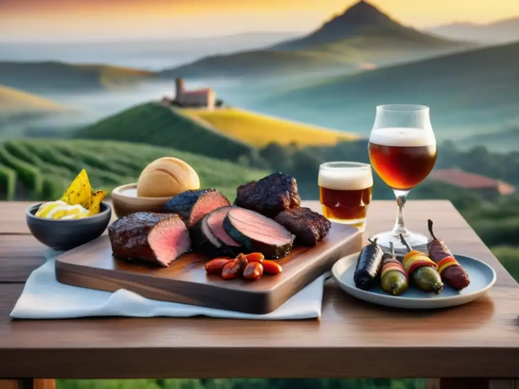 Maridaje de cervezas artesanales con asado Uruguayo en paisaje campestre al atardecer