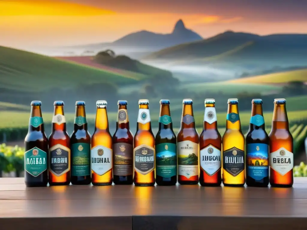 Maridaje de cervezas artesanales Uruguay en mesa rústica entre viñedos al atardecer