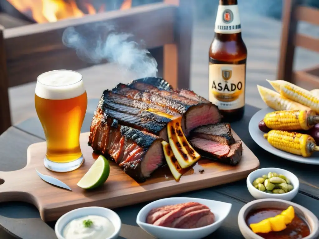 Maridaje cervezas artesanales Uruguay: Mesa rústica con cervezas y asado uruguayo en parrilla, creando una armonía visual única