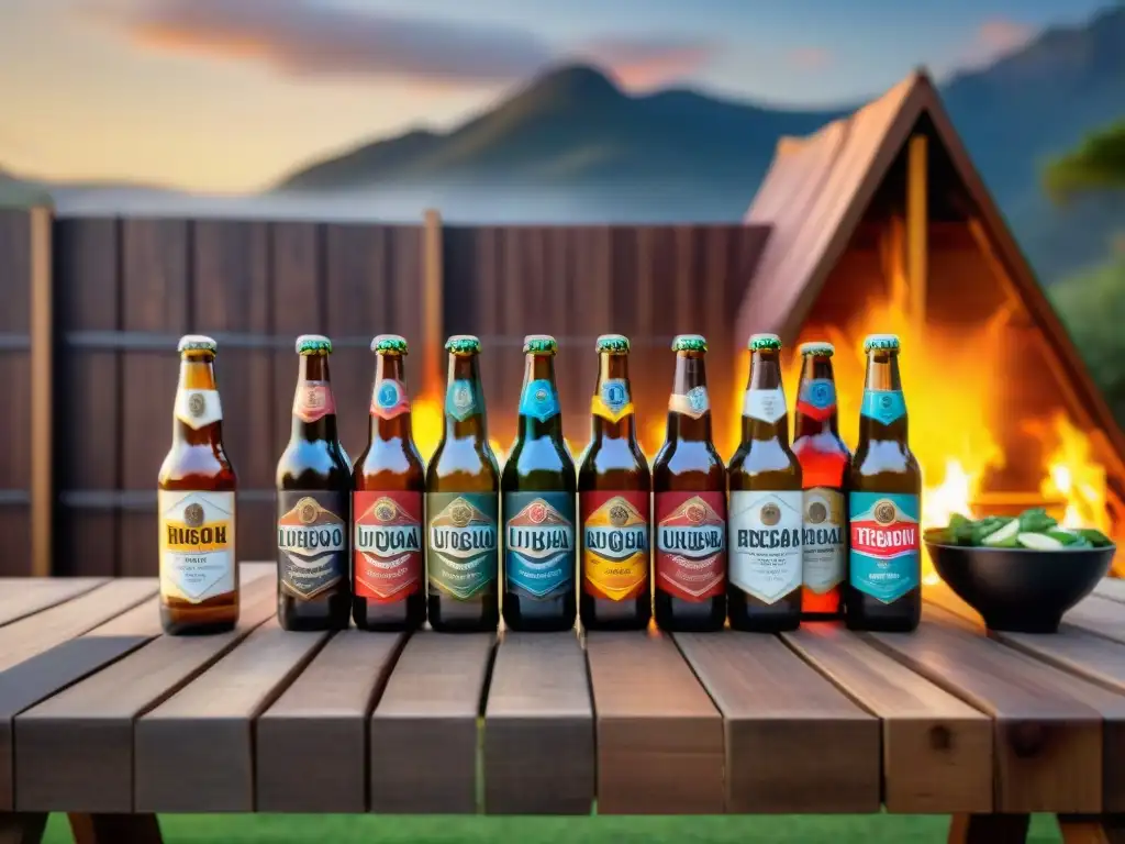 Maridaje cervezas artesanales Uruguay: Mesa rústica con botellas coloridas y parrilla de asado, ambiente acogedor con luces brillantes