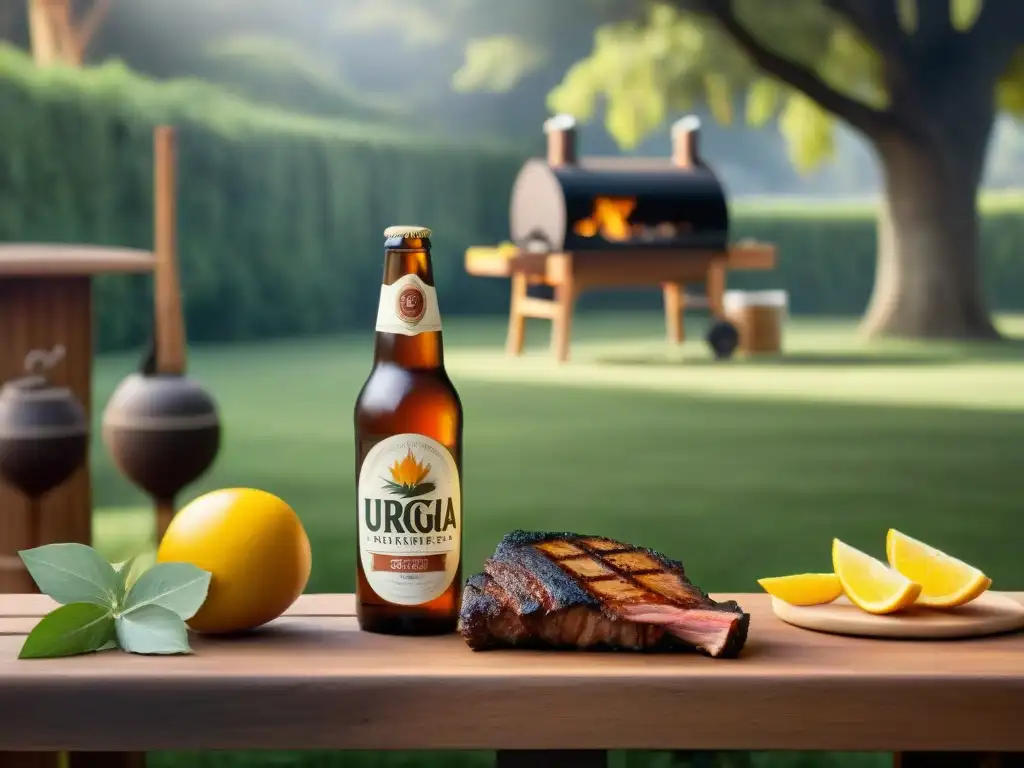 Maridaje de cervezas artesanales en jardín uruguayo con asado al fondo