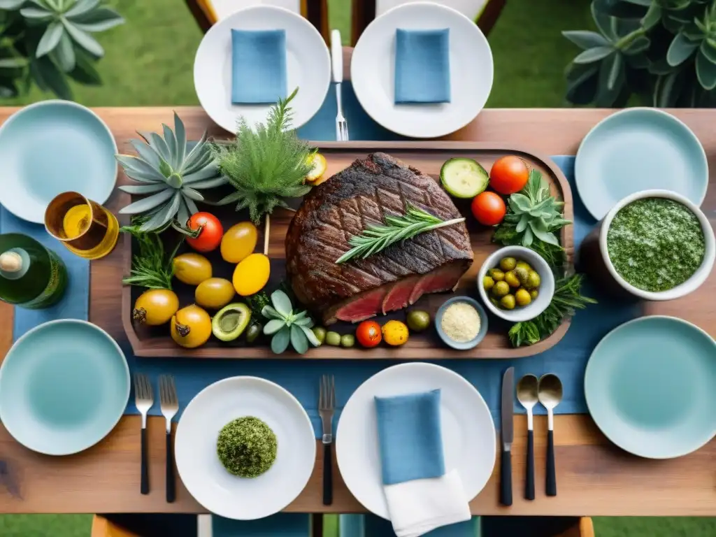 Maridaje destilados asado uruguayo: Mesa elegante con asado, chimichurri, vegetales a la parrilla y destilados uruguayos