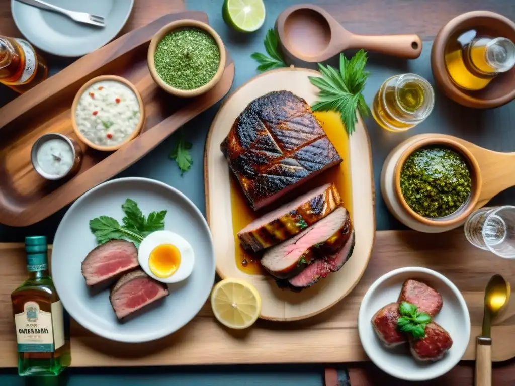 Maridaje de destilados uruguayos asado con chivito, morcilla y chimichurri en mesa de madera rústica