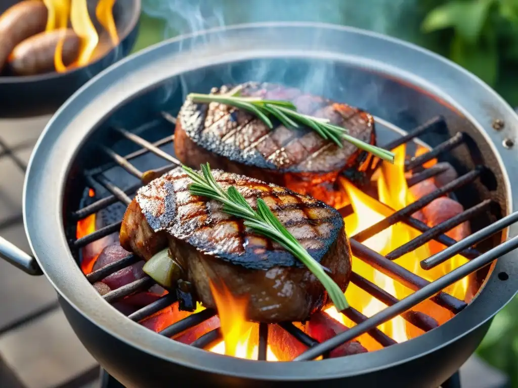 Maridaje Cabernet Franc: parrillada de carnes jugosas y vegetales a la parrilla en un jardín al atardecer