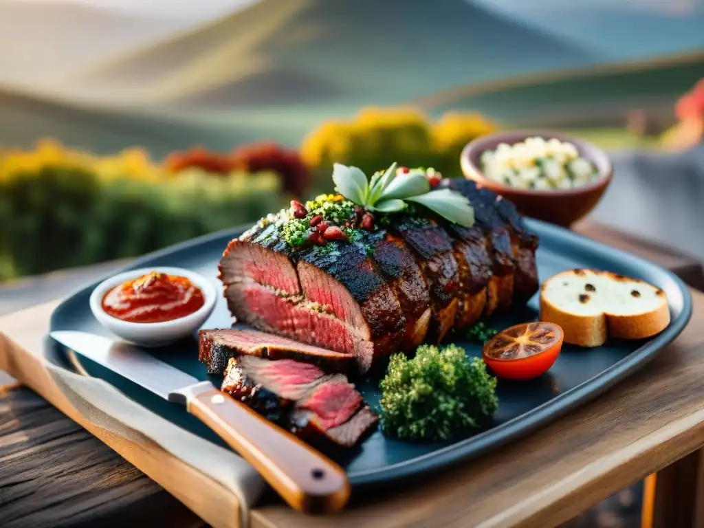 Delicioso asado uruguayo en el campo al atardecer Maridaje perfecto para asado uruguayo: suculentas carnes a la parrilla, chimichurri, pan y Tannat en atardecer campestre