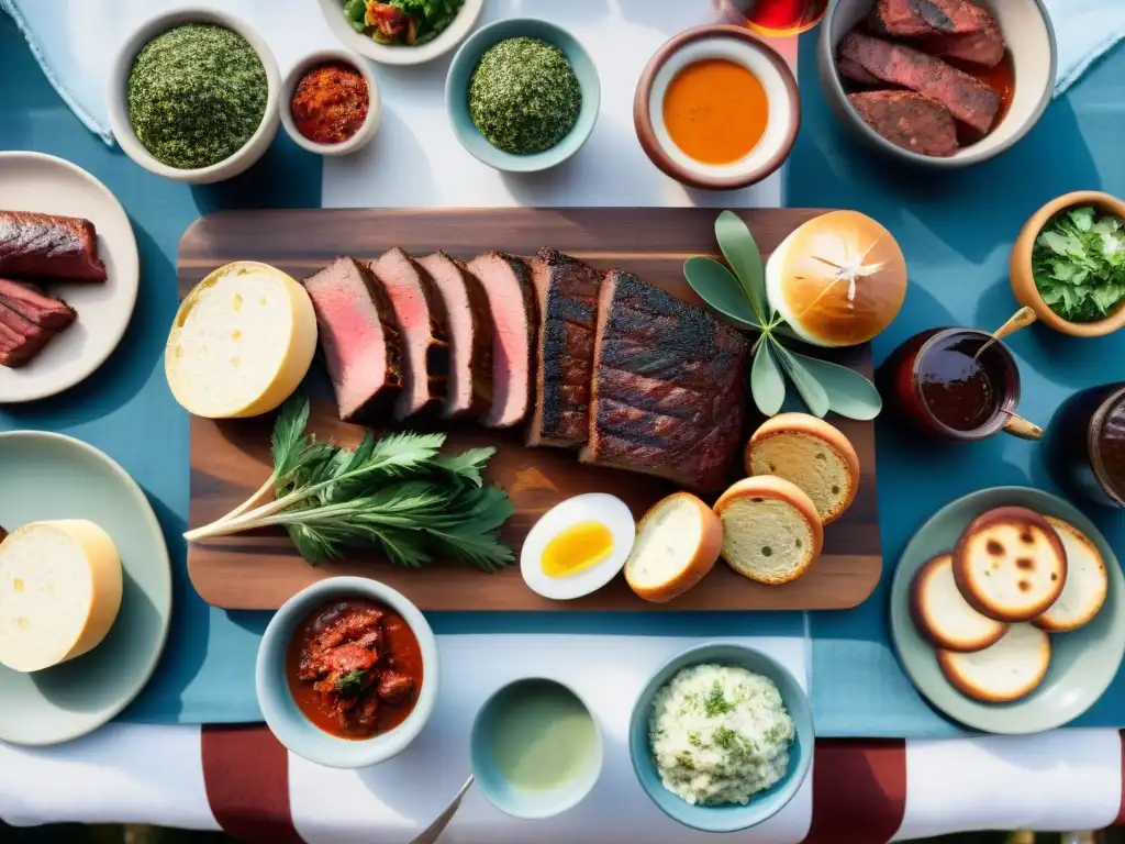 Un maridaje perfecto asado uruguayo: mesa elegante al aire libre con exquisitas carnes a la parrilla y acompañamientos tradicionales