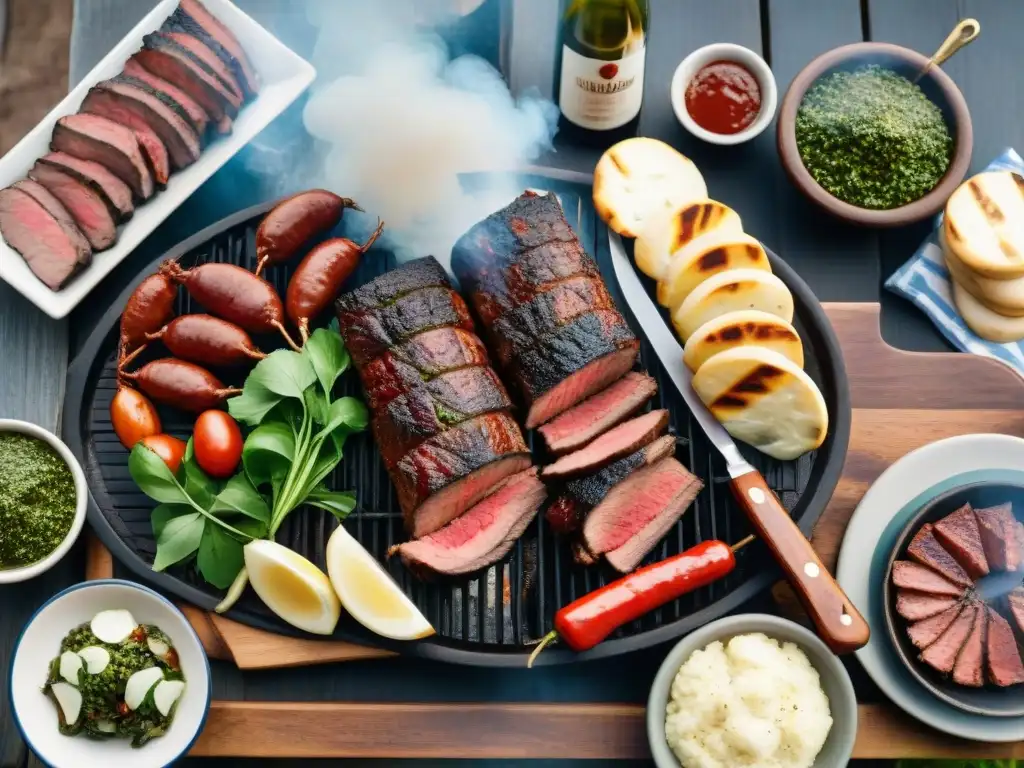 Exquisito asado uruguayo al aire libre Maridaje perfecto para asado uruguayo: mesa rústica con carnes asadas, chimichurri, ensaladas y vino Tannat en cálida luz de sol