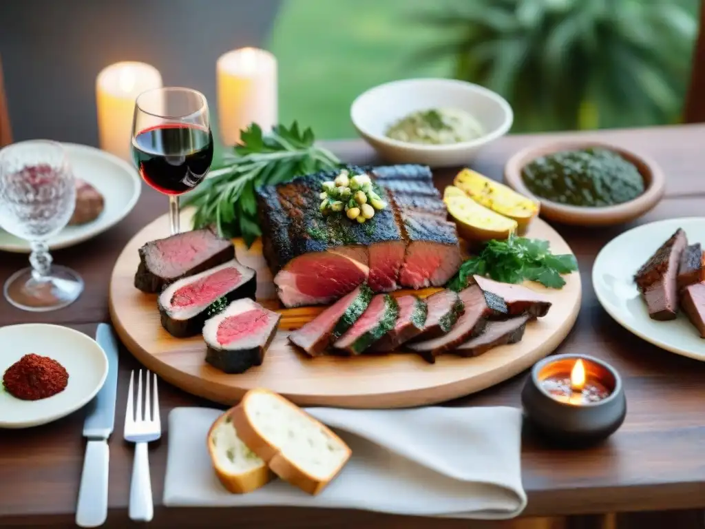 Un maridaje perfecto: asado uruguayo con vinos en una mesa elegante y acogedora