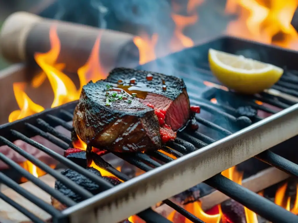 Maridaje perfecto: corte de merlot uruguayo con asado en parrilla, colores ricos y jugos brillantes bajo el sol