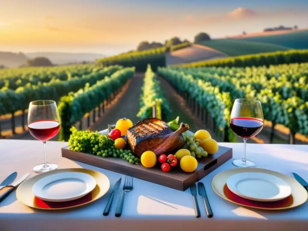 Un maridaje perfecto: mesa al aire libre con vinos y asado uruguayo, bajo un atardecer dorado en viñedo