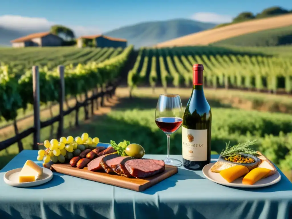 Maridaje perfecto: mesa en viñedo uruguayo con asado y vino, bajo cielo azul y sol dorado